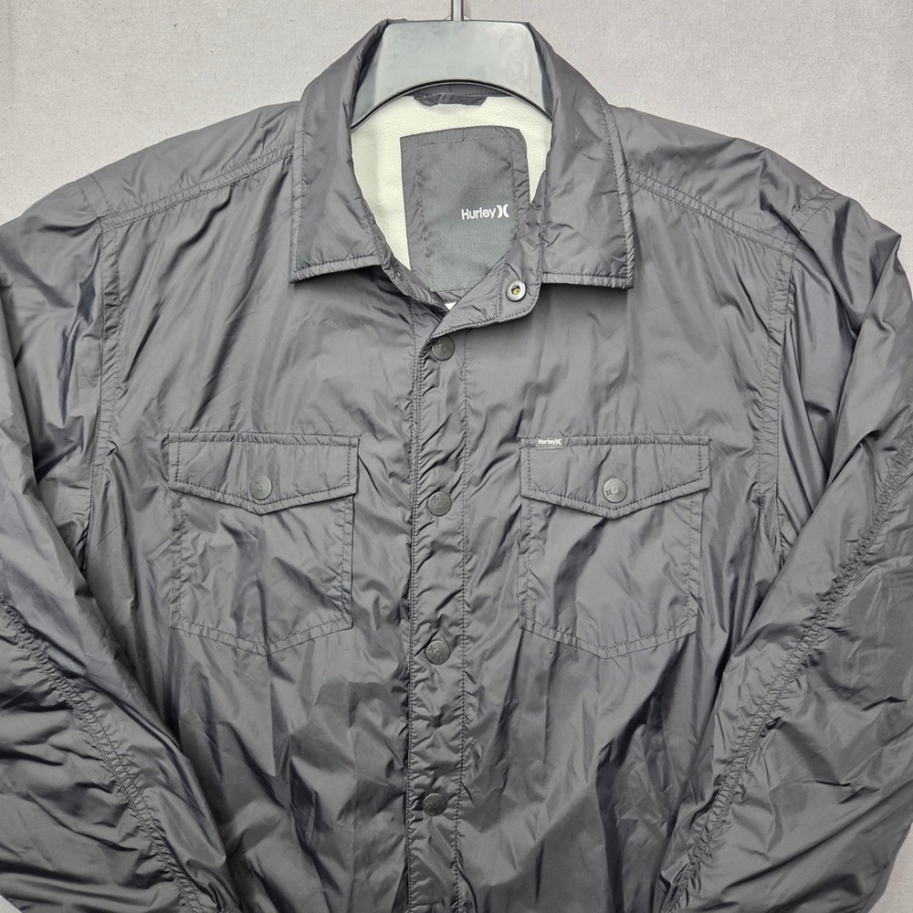 Hurley Mens Jacket L Black Fleece Lined Nylon Snap Front MJK0000820 Large